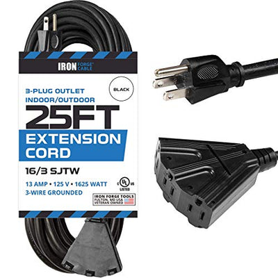 10 Ft Outdoor Extension Cord with 3 Electrical Power Outlets - 16/3 SJTW Durable Black Cable