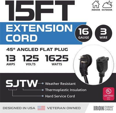 15 Ft Outdoor Extension Cord with 45¬¨¬®‚Äö√†√ª Angled Flat Plug - 16/3 SJTW Durable Black Electrical Cable