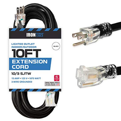 10 Foot Lighted Outdoor Extension Cord - 10/3 SJTW Black 10 Gauge Extension Cable with 3 Prong Grounded Plug for Safety - Great for Garden and Major Appliances