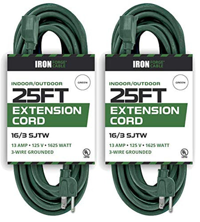 2 Pack of 25 Foot Outdoor Extension Cords - 16/3 SJTW Durable Green Extension Cord with 3 Prong Grounded Plug for Safety - Great for Garden and Major Appliances