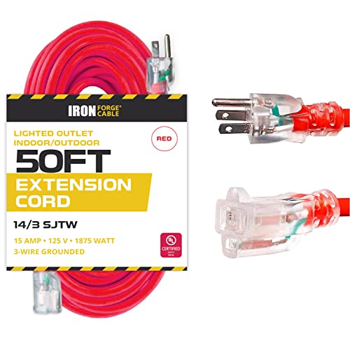 50 Ft Lighted Extension Cord - 14/3 SJTW Heavy Duty Red Outdoor Extension Cable with 3 Prong Grounded Plug for Safety - Great for Garden & Major Appliances