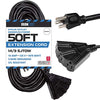 50 Ft Black Oil Resistant Extension Cord with 3 Electrical Power Outlets for Farms and Ranches - 14/3 SJTOW Heavy Duty Outdoor Cable with 3 Prong Grounded Plug for Safety