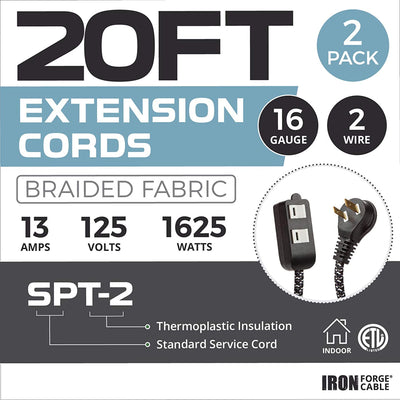 20Ft Fabric Extension Cord 2 Pack - 16/2 SPT-2 Black and White Braided Cloth Electrical Power Cable Set