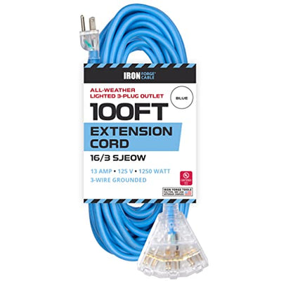 100 Ft All Weather Extension Cord - 3 Outlets - 16/3 SJEOW Lighted Outdoor Cable