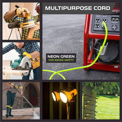 25 Foot Outdoor Extension Cord - 10/3 SJTW Neon Green High Visibility 10 Gauge Extension Cable with 3 Prong Grounded Plug for Safety