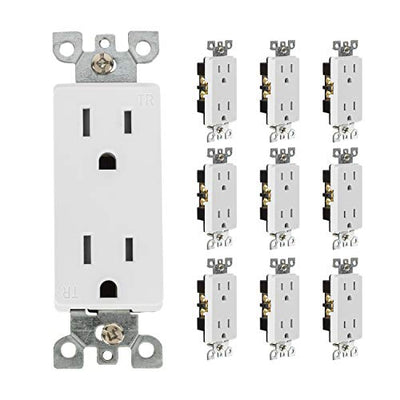 Decorator Receptacle Outlet, 10 Pack - Tamper Resistant Duplex 3 Prong Electrical Wall Outlets - 15 Amp, 125 Volt, 3 Wire, 2 Pole, Self-Grounding, UL Listed