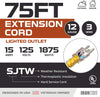 75 Foot Lighted Outdoor Extension Cord - 12/3 SJTW Heavy Duty Yellow Extension Cable with 3 Prong Grounded Plug for Safety - Great for Garden and Major Appliances