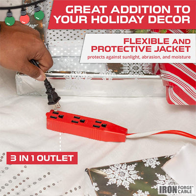 25 Ft Candy Cane Outdoor Extension Cord with 3 Electrical Power Outlets - 16/3 SJTW Durable Red & White Striped Cable