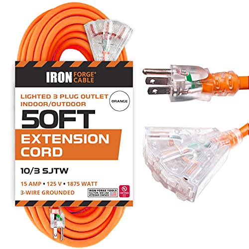 50 Foot Lighted Outdoor Extension Cord with 3 Electrical Power Outlets - 10/3 SJTW Orange 10 Gauge Extension Cable with 3 Prong Grounded Plug for Safety
