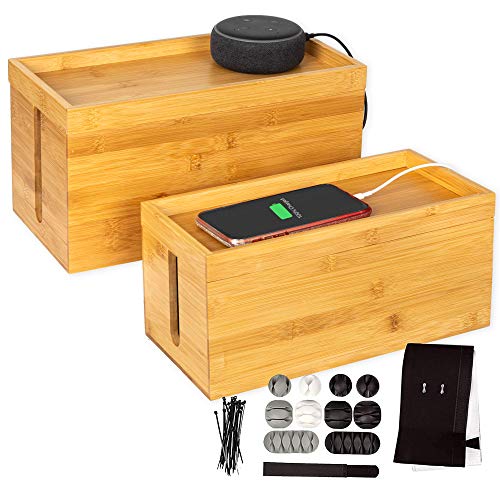 Bamboo Cable Management Box, 2 Pack - Cord Organizer and Hider for Wires, Power Strips, Surge Protectors & More - Includes Cable Sleeve, Hook and Loop Keepers, Zip Ties & Clips