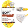 50 Foot Lighted Outdoor Extension Cord with 3 Electrical Power Outlets - 12/3 SJTW Heavy Duty Yellow Extension Cable with 3 Prong Grounded Plug for Safety
