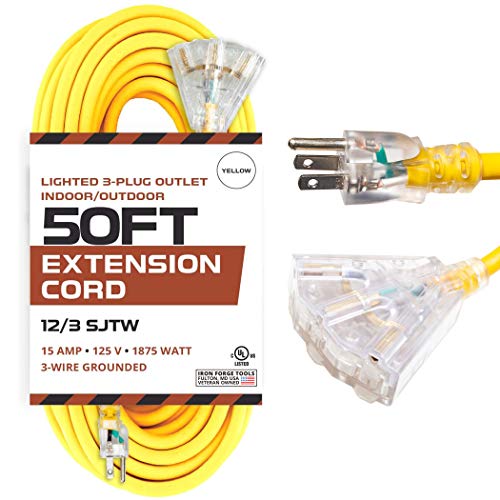 50 Foot Lighted Outdoor Extension Cord with 3 Electrical Power Outlets -  iron forge tools