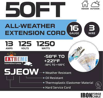 50 Ft All Weather Extension Cord with 3 Electrical Power Outlets - Stays Flexible in Extreme Cold & Hot Temperatures from -58¬¨¬®‚Äö√†√ªF to +221¬¨¬®‚Äö√†√ªF - 16/3 SJEOW Lighted Outdoor Cable