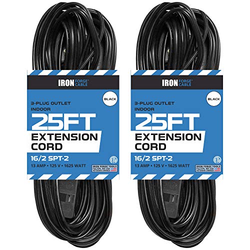 25 Ft Black Extension Cord 2 Pack - 16/2 Durable Electrical Cable