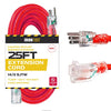 25 Ft Lighted Extension Cord - 14/3 SJTW Heavy Duty Red Outdoor Extension Cable with 3 Prong Grounded Plug for Safety - Great for Garden & Major Appliances