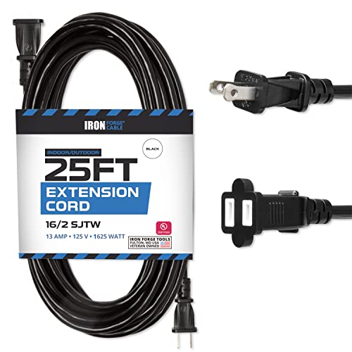 Iron Forge 25 Ft Water Resistant 16/2 Outdoor Extension Cord - SJTW Black Long Cable with 2 Prong Polarized Plug 16 AWG 13 Amps