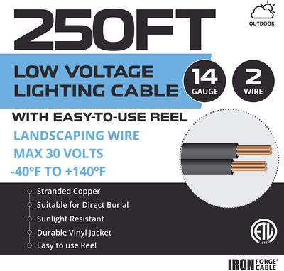 14/2 Low Voltage Landscape Wire with 24 Connectors - 250ft Outdoor Low-Voltage Cable for Landscape Lighting, Black