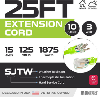 25 Foot Outdoor Extension Cord - 10/3 SJTW Neon Green High Visibility 10 Gauge Extension Cable with 3 Prong Grounded Plug for Safety