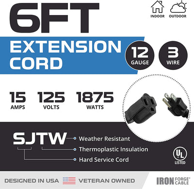 6 Ft Outdoor Extension Cord - 12/3 SJTW Heavy Duty Black Cable with 3 Prong Grounded Plug for Safety