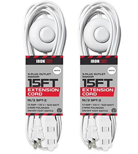 2 Pack of 15 Ft Extension Cord with Foot Switch and 3 Electrical Power Outlet - 16/2 Durable White Foot Tap Extension Cord Pack