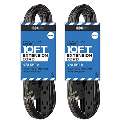 2 Pack of 10 Ft Extension Cords with 3 Electrical Power Outlets - 16/3 Durable Black Extension Cord Pack