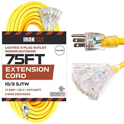 Lighted Outdoor Extension Cord with 3 Electrical Power Outlets - 10/3 SJTW Heavy Duty Yellow Cable with 3 Prong Grounded Plug for Safety (75 Ft - Yellow with Powerblock)