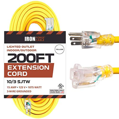 200 Foot Lighted Outdoor Extension Cord - 10/3 SJTW Yellow 10 Gauge Extension Cable with 3 Prong Grounded Plug for Safety - Great for Garden and Major Appliances
