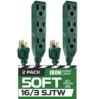 50 Ft Extension Cord 2 Pack - 16/3 SJTW Durable Green Cable with 3 Electrical Power Outlets
