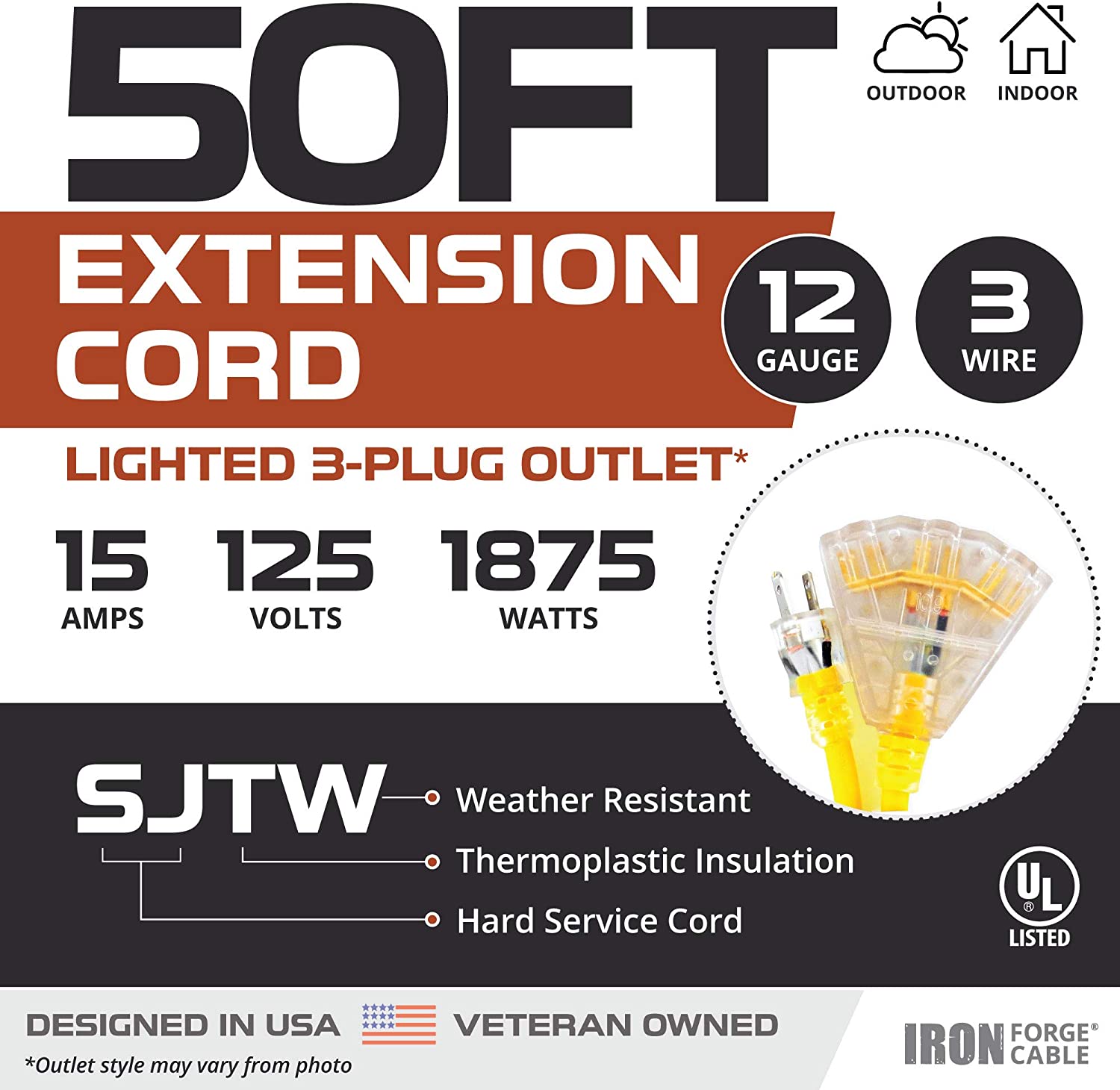 50 Foot Lighted Outdoor Extension Cord with 3 Electrical Power Outlets -  iron forge tools