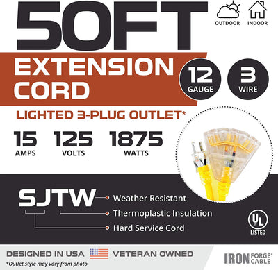 50 Foot Lighted Outdoor Extension Cord with 3 Electrical Power Outlets - 12/3 SJTW Heavy Duty Yellow Extension Cable with 3 Prong Grounded Plug for Safety