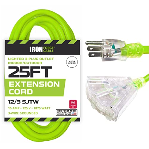 Iron Forge 25 Ft Heavy Duty Lighted End Outdoor Extension Cord with 3 Electrical Outlets - 12/3 SJTW Industrial Weatherproof Pigtail Multiple Outlets Neon Green Electrical Cable with 3 Prong - 15 AMP