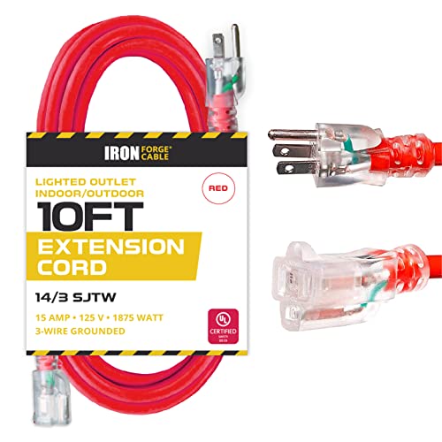 10 Ft Lighted Extension Cord - 14/3 SJTW Heavy Duty Red Outdoor Extension Cable with 3 Prong Grounded Plug for Safety - Great for Garden & Major Appliances