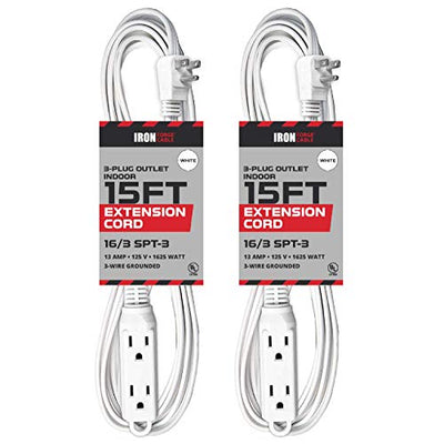 2 Pack of 15 Ft Extension Cords with 3 Electrical Power Outlets - 16/3 Durable White Cable