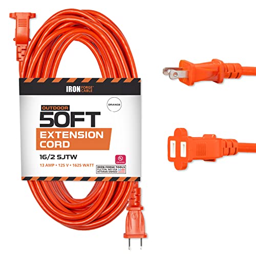 Iron Forge 50 Ft Water Resistant 16/2 Outdoor Extension Cord - SJTW Orange Long Cable with 2 Prong Polarized Black Plug 16 AWG 13 Amps
