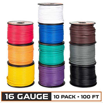 16 Gauge Primary Wire - 10 Roll Assortment Pack - 100 Ft of Copper Clad Aluminum Wire per Roll