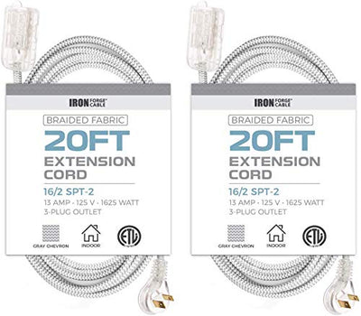 20Ft Fabric Extension Cord 2 Pack - 16/2 SPT-2 Gray Chevron Braided Cloth Electrical Power Cable Set