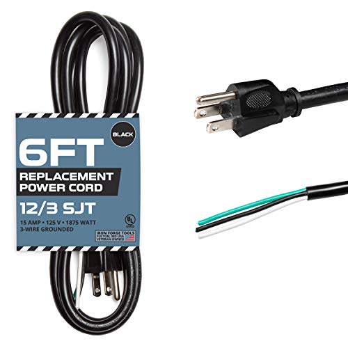 12 AWG Replacement Power Cord with Open End - 6 Ft Black Extension Cable, 12/3 SJT, NEMA 5-15P