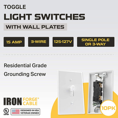 Toggle Light Switch with Wall Plate, 10 Pack, White - 3 Way, Residential Grade, 15 Amp, 120/277V, UL Listed