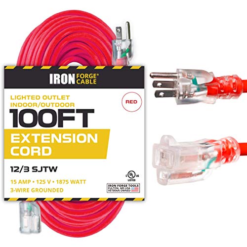 100 Ft Lighted Extension Cord - 12/3 SJTW Heavy Duty Red Outdoor Extension Cable with 3 Prong Grounded Plug for Safety - Great for Garden & Major Appliances