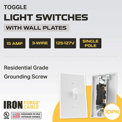 Toggle Light Switch with Wall Plate, 10 Pack, White - Single Pole, Residential Grade, 15 Amp, 120/277V, UL Listed