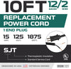 12 AWG Replacement Power Cord with Open End - 10 Ft Black, 2 Wire 12/2 SJT