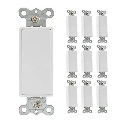 Rocker Light Switch, 10 Pack - Single Pole Decorator Paddle Switch, 3 Wire, Residential Grade, 15 Amp, 120/277V, UL Listed