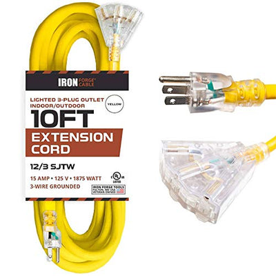 10 Foot Lighted Outdoor Extension Cord with 3 Electrical Power Outlets - 12/3 SJTW Heavy Duty Yellow Extension Cable with 3 Prong Grounded Plug for Safety