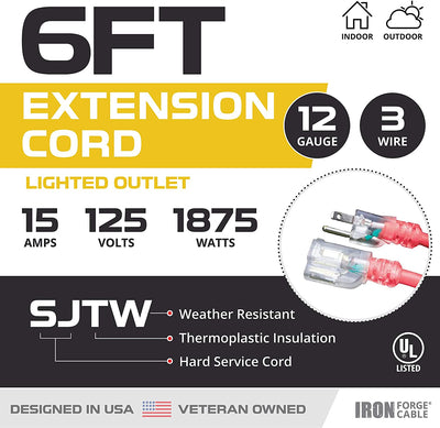 6 Ft Lighted Outdoor Extension Cord - 12/3 SJTW Heavy Duty Red Cable with 3 Prong Grounded Plug for Safety