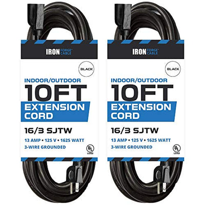 2 Pack of 10 Ft Outdoor Extension Cords - 16/3 Durable Black Extension Cord Pack
