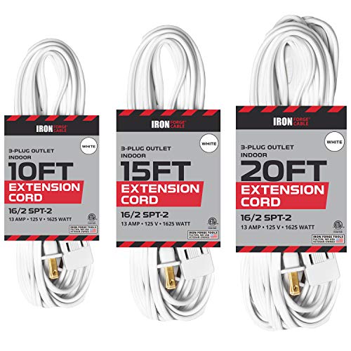 White Extension Cord 3 Pack, 10ft 15ft & 20ft - 16/2 Durable Electrical Cable