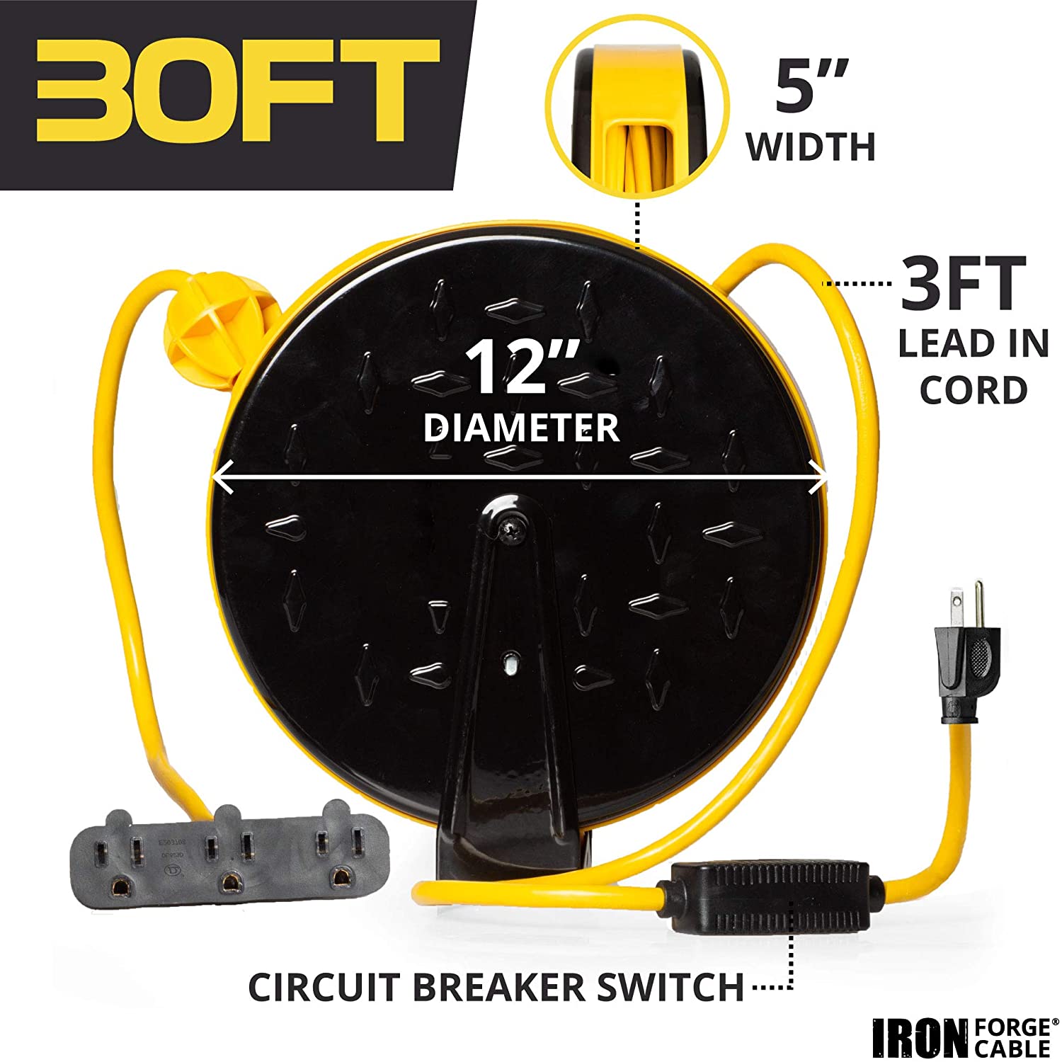 Retractable Extension Cord Reel with 3 Electrical Power Outlets - Perf -  iron forge tools