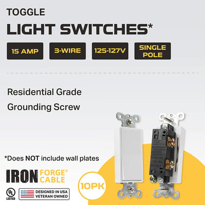 Rocker Light Switch, 10 Pack - Single Pole Decorator Paddle Switch, 3 Wire, Residential Grade, 15 Amp, 120/277V, UL Listed