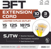 3 Foot Lighted Outdoor Extension Cord with 3 Electrical Power Outlets - 10/3 SJTW Yellow 10 Gauge Extension Cable with 3 Prong Grounded Plug for Safety