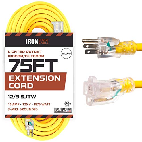 Iron Forge Cable 15 Foot Lighted Outdoor Extension Cord - 12/3 SJTW Heavy  Duty Yellow Extension Cable with 3 Prong Grounded Plug for Safety - Great  for Garden and Major Appliances 